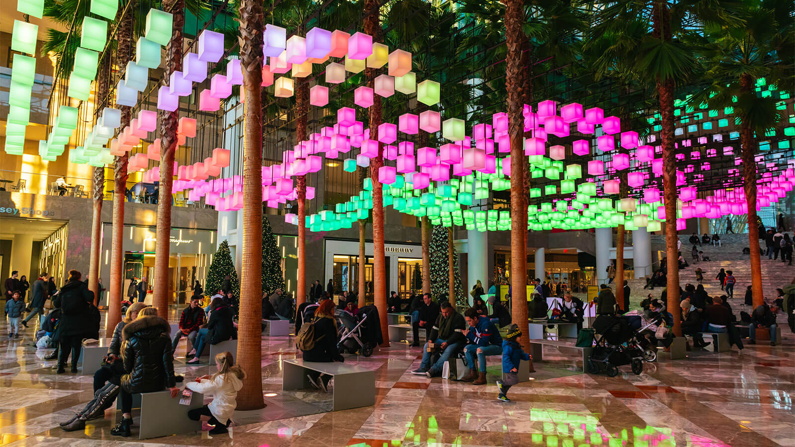 the Winter Garden during the Luminaries light festival, showcasing many colorful neon lights above the Garden