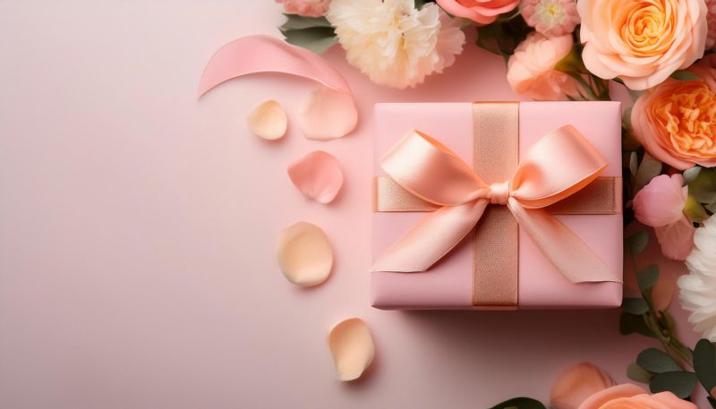 Pastel Pink Gift Box with Peach Ribbon on Flowers Background. Top View of Mother Day Gifts with Copy Space